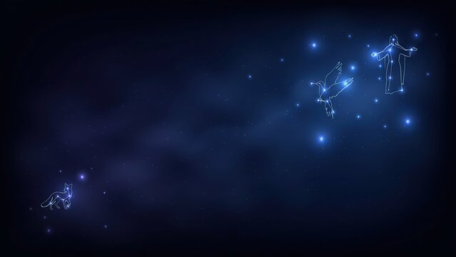 Celestial constellations of Cassiopeia, Cygnus, and Orion in starry night sky