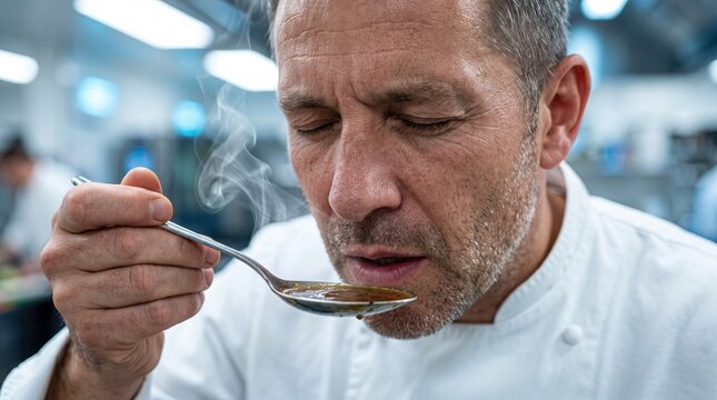 Professional chef tasting hot soup in a commercial kitchen