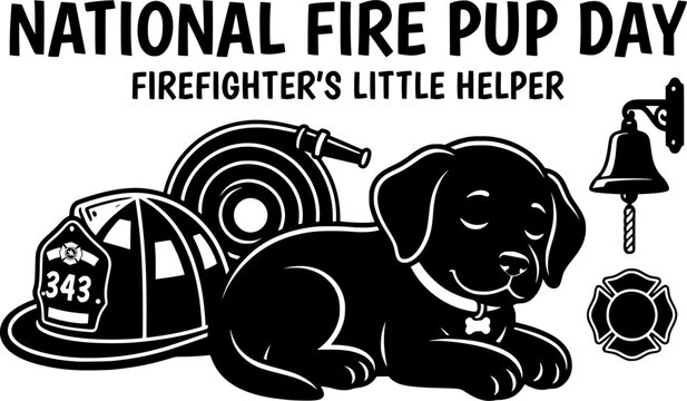 National Fire Pup Day sleeping puppy firefighter helmet fire hose station bell emblem black silhouette vector isolated on white background
