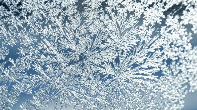 Intricate frost crystal patterns on window, natures cold winter texture, delicate snowflake abstract artistry, evoking serene beauty and wonder
