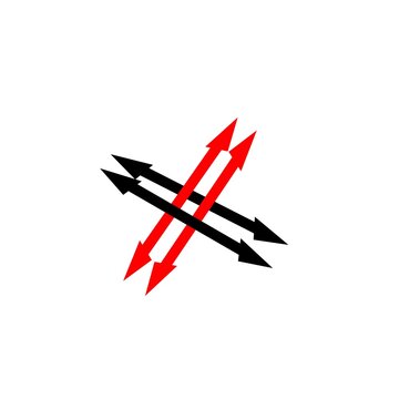 rAn abstract vector logo illustration featuring two pairs of intersecting double-ended arrows, creating a stylized 'X' shape. One pair of parallel arrows is colored solid black and angled from top-lef
