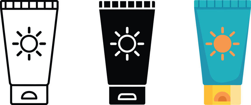 Sunscreen tube icon featuring outline, glyph, and colorful designs for summer skincare, sun protection, and editable vector illustration.