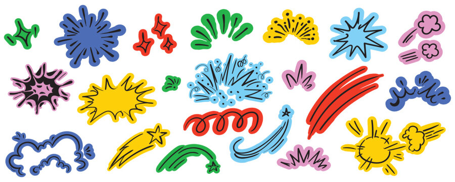 Colorful hand drawn comic effects collection featuring action bursts, speed lines, sparks, stars, flashes and dynamic motion elements for stickers, cartoons, posters and graphic design.vector