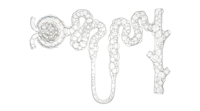 Human nephron anatomy diagram showing kidney filtration structure and renal tubule system.