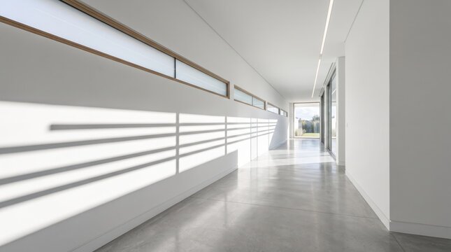 Modern minimalist architectural interior featuring a long white corridor with polished concrete floors and natural sunlight casting dramatic linear shadows from horizontal windows