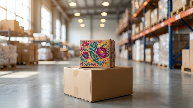 A beautifully decorated gift box with floral patterns placed on top of a plain brown cardboard shipping box inside a large industrial warehouse distribution center environment.