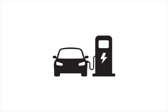 Electric car charging at EV charging station icon in solid black style. Vector illustration for eco transport and green energy concept.