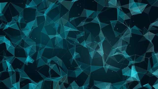Abstract digital motion background showcasing a cyan plexus wireframe matrix with interconnected geometric triangular polygons looping continuously.