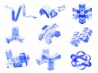 Abstract light blue glass geometric shapes set isolated on white background. Modular 3D cubes, protect shield dome, tech sphere circle lines, clear water wave ribbons, block structure. 3D illustration