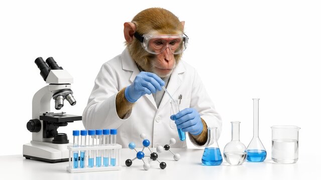 Anthropomorphic Monkey Scientist Conducting Chemistry Experiment in Laboratory on White Background