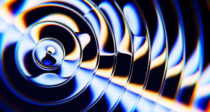 Water drop ripple 3D effect with glass concentric circles top view, glow neon blue gold red gradient on dark background. Radial light texture, circular pattern, fluid geometric waves. 3D illustration