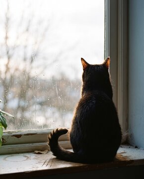 Cat silhouetted from behind on a chipped sill with sun rimming every spine hair and translucent ear leather against a luminous blown out window, representing minimal pet wall art print concept