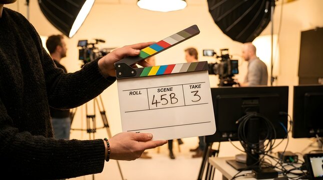 Professional film crew member holding a white clapperboard on a movie set with cameras and studio lights in the background, focusing on cinema production and video filmmaking process.