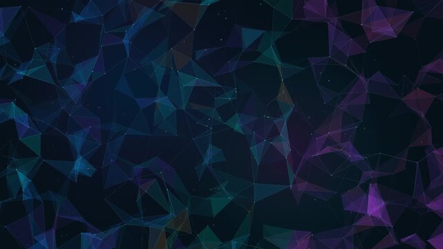 Abstract digital motion background featuring a multi-color plexus polygon mesh with shifting hues and interconnected nodes looping smoothly.