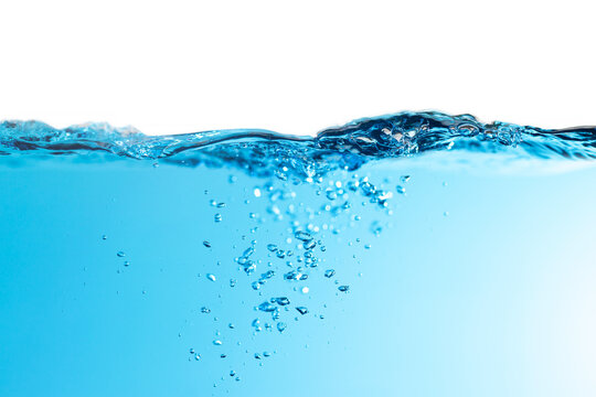 Splashing water, oxygen relaxation. air bubbles float up in the water. pure drinking water, clean and clear water textured on white background	
