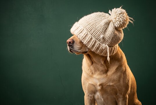 Golden dog in a hand knitted cream rib stitch hat with a dropped stitch and splaying lopsided pom pom against deep pine green board, representing festive festive seasonal pet campaign concept