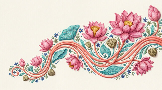 Decorative border with pink lotus flowers and green leaves in an elegant floral art style