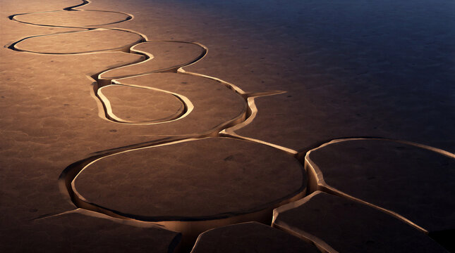 Enhanced geothermal drifting across a cracked desert playa rendered as a glowing 3D composition in a dark void