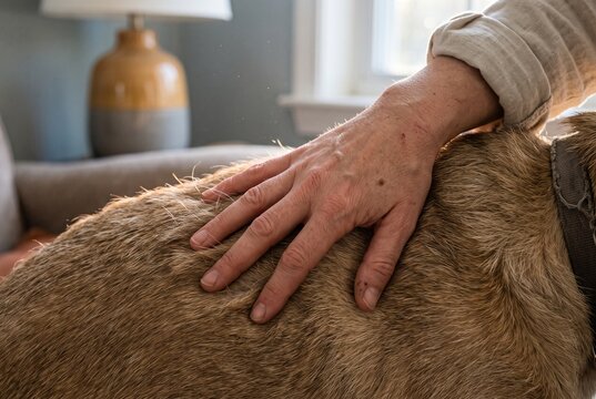 Bare hand pressed flat into a dogs dense coat parting the fur into ridges between the fingers with warm window light rimming every hair, representing festive human animal bond and pet care concept