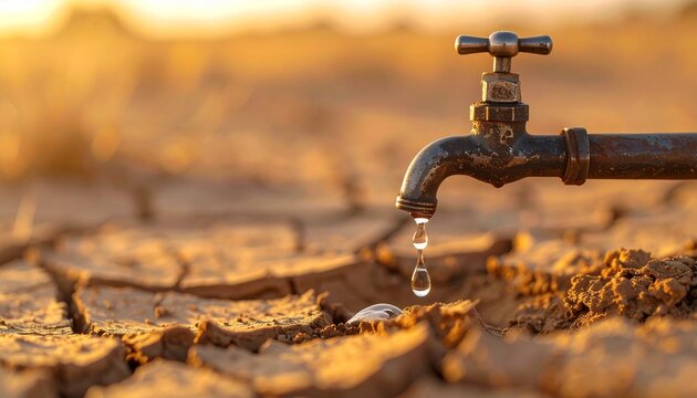 Drought and water scarcity a single drop of water falling from a rusty tap in arid cracked earth, symbolizing resource depletion and the urgent need for conservation