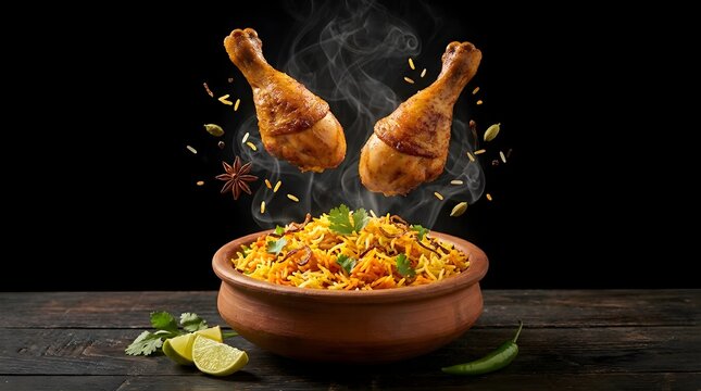 Two fried chicken drumsticks hovering over hot biryani rice in a clay pot with steam and flying spices on dark background.