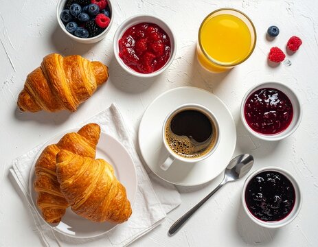 Fr&uuml;hst&uuml;ckstisch von oben mit frischem Kaffee, Croissant und Marmelade am Morgen