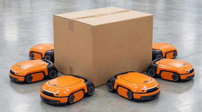 Warehouse robots, coordinated swarm of six small circular orange automated machines pushing a massive heavy cardboard box across a concrete floor