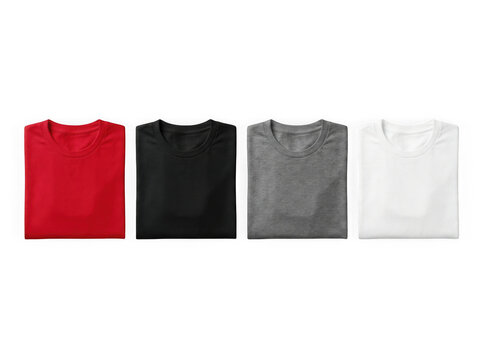 Folded cotton t-shirts in red black grey white colors neatly as PNG asset