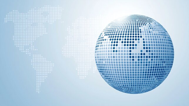Dot‑matrix tech globe with world map background, digital global network business globalization vector illustration for tech PPT, web banner, report cover design
