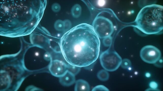 Microscopic Universe: A vibrant digital illustration showcases a cluster of luminous, interconnected cells.