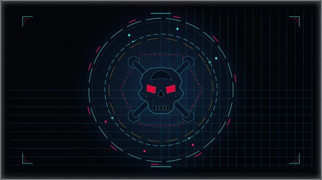 Abstract digital skull cyberattack threat, online hack security breach concept motion graphic