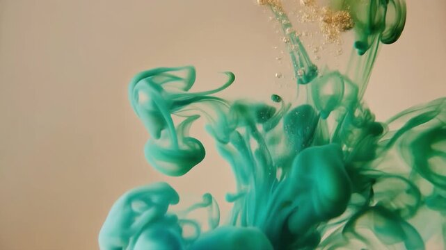 Turquoise Ink Cloud in Water: A mesmerizing dance of turquoise ink dissolving and swirling in clear water, creating ethereal cloud-like formations against a soft, neutral background.