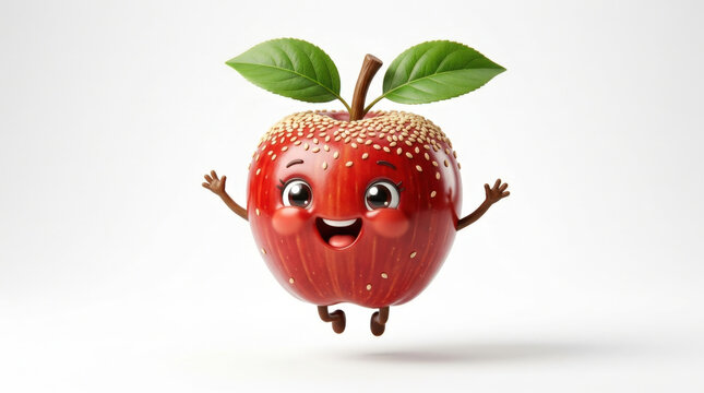 Cute red apple character with green leaves jumping happily isolated on white background for healthy food and kids nutrition ads.