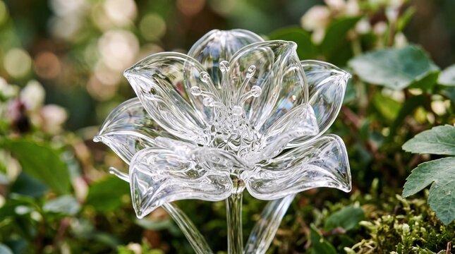 Macro photo of glass flower macro shot 2k showing glass object showing pure transparent material light reflection refraction and smooth polished edges with professional studio lighting
