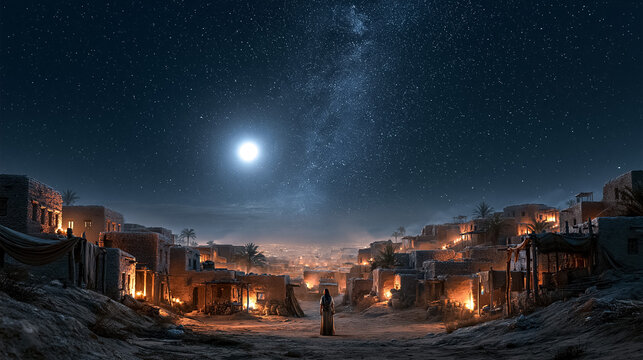 Lone Woman Standing in Ancient Village Under Starlit Sky