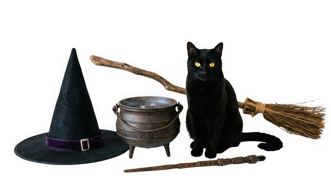 Black cat with witch hat, broom, cauldron, and wand isolated on transparent background