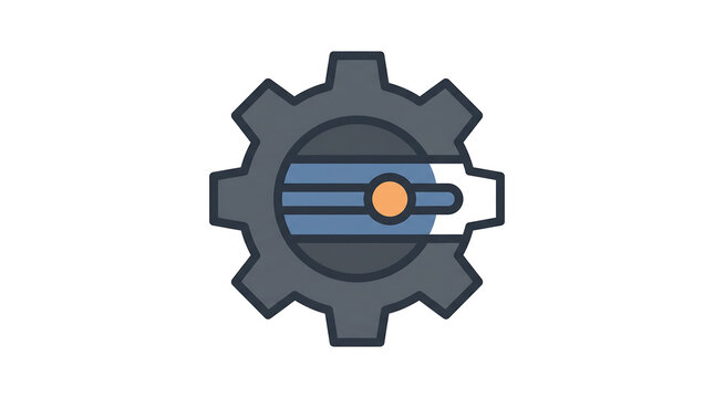 Flat design gear icon with blue and orange details on grey background.