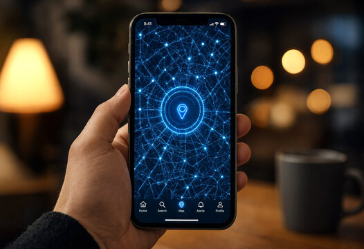 Hand holding smartphone with futuristic location tracking app interface in cozy indoor setting