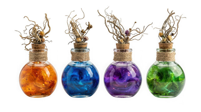 Four magical potion bottles with colorful swirling liquids and dried herbs isolated on transparent background