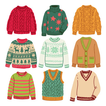 Hand drawn winter sweater collection featuring knitted sweaters, turtleneck, cable knit, striped and plaid designs, ugly Christmas sweater, cardigan, jumper, vest and festive patterns.