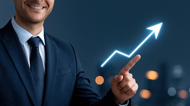 Smiling businessman pointing at glowing upward growth arrow graph, financial profit and business success concept