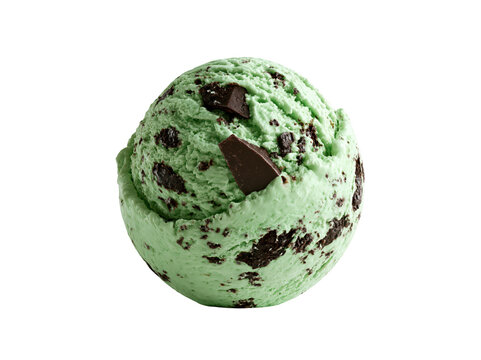 Single scoop of mint chocolate chip ice cream isolated on a white background