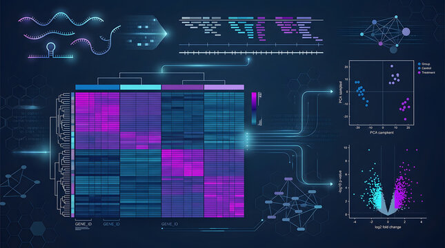 Futuristic genomic data dashboard with heatmap and analysis charts