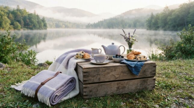 Tea set with pastries on a wooden table by a peaceful mountain lake