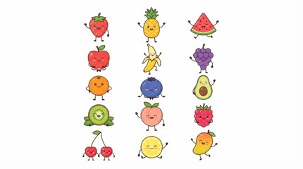 Naklejka premium Cute cartoon fruit characters set with happy faces and funny poses