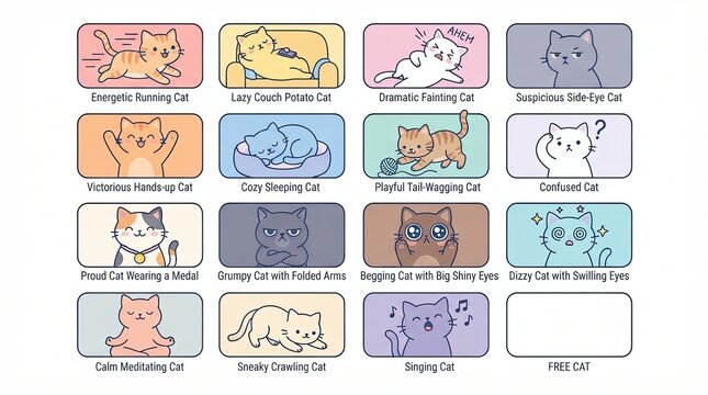 Set of cute cartoon cat stickers with different emotions and actions