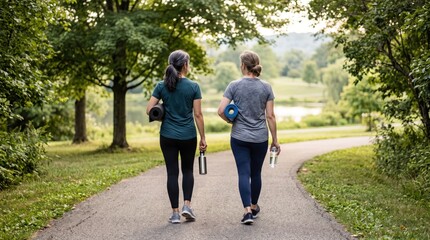 Obraz premium Rear view of two women friends walking on path in green park carrying yoga mats and water bottles, healthy active lifestyle, fitness exercise, wellness and outdoor recreation