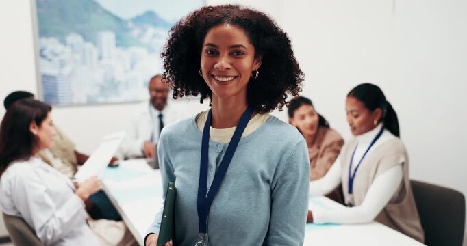 Hospital, face and woman in meeting with doctors, healthcare worker or admin for financial planning. Portrait, happy and person with pride for medical insurance, budget and finance advisor for clinic