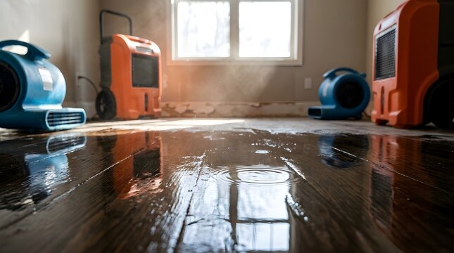Industrial air movers and dehumidifiers used for water damage restoration on a flooded hardwood floor inside a home, professional drying equipment drying a wet room after a plumbing leak.