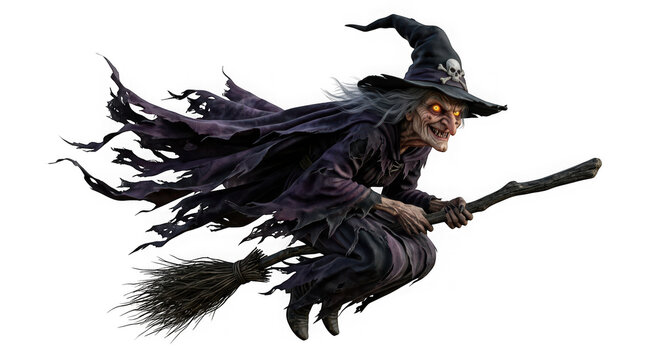 Scary witch with glowing eyes flying on a broomstick isolated on transparent background